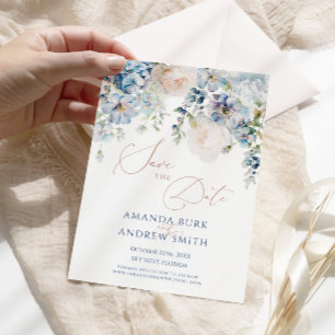 Blue Hydrangea & Blush Roses Save the Date Invitation