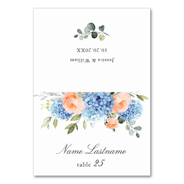 Blue Hydrangea Blush Roses Wedding Escort Card (Front)