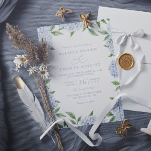 Blue Hydrangea Border Elegant QR Code Wedding Invitation
