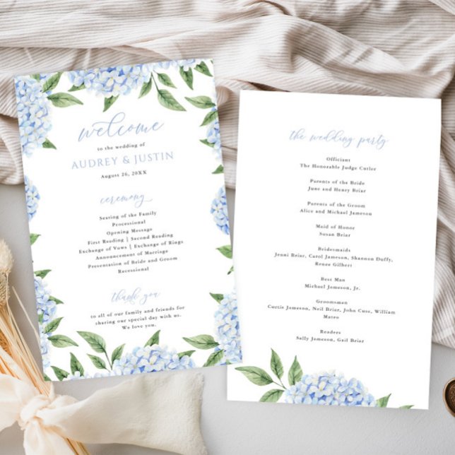 Blue Hydrangea Border Folded Wedding Paper Program (Creator Uploaded)