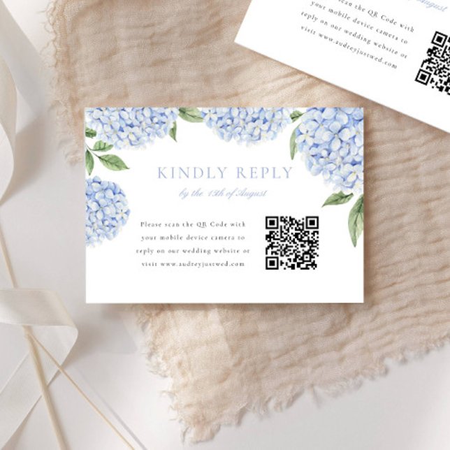Blue Hydrangea Border Modern QR Code Wedding Reply RSVP Card (Creator Uploaded)