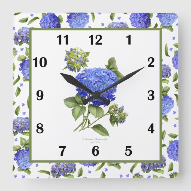 Blue Hydrangea Botanical Art Square Wall Clock (Front)