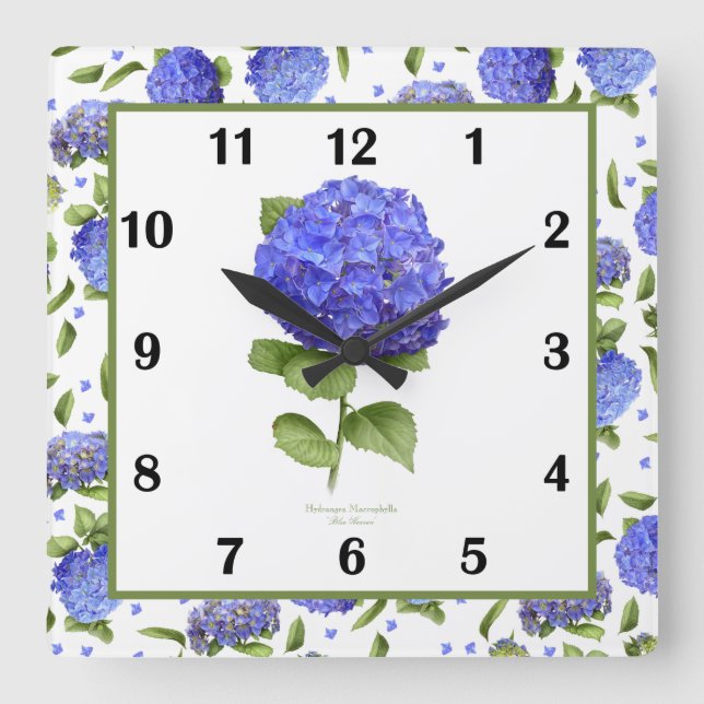 Blue Hydrangea Botanical Art Square Wall Clock (Front)