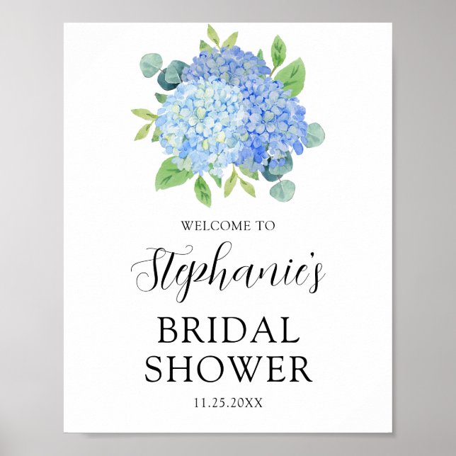 Blue Hydrangea Botanical Bridal Shower Welcome Poster (Front)