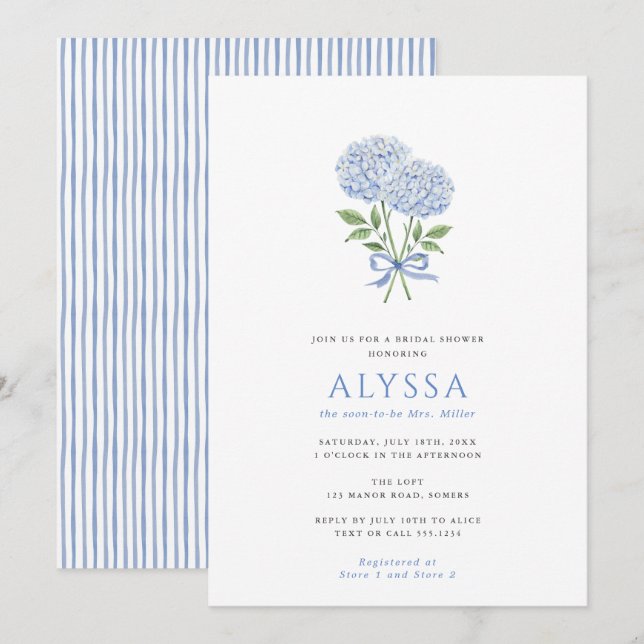 Blue Hydrangea Bouquet and Bow Bridal Shower Invitation (Front/Back)