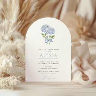Blue Hydrangea Bouquet & Bow Bridal Shower Arched Invitation