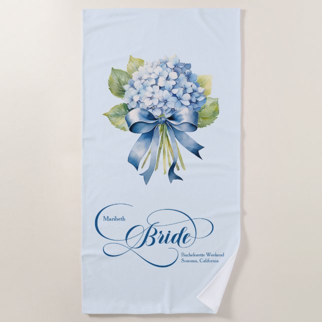 Blue Hydrangea Bouquet Bride's Bachelorette Beach Towel (Front)