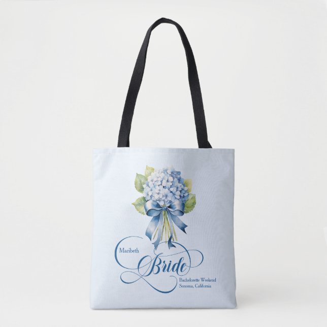 Blue Hydrangea Bouquet Bride's Bachelorette Tote Bag (Front)