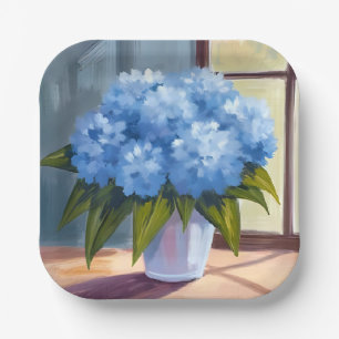 Blue Hydrangea Bouquet Floral Painting Paper Plate