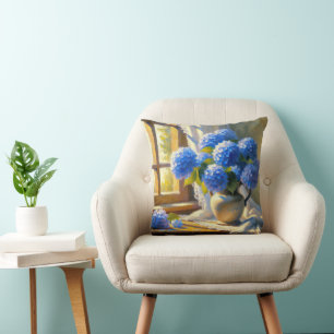 Blue Hydrangea Bouquet In Vintage Jug Cushion