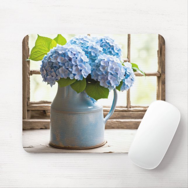 Blue Hydrangea Bouquet In Window Mouse Mat (With Mouse)