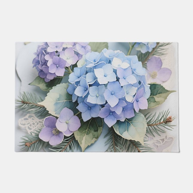 Blue Hydrangea Bouquet Watercolor Serenity Doormat (Front)