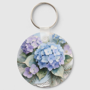 Blue Hydrangea Bouquet Watercolor Serenity Key Ring