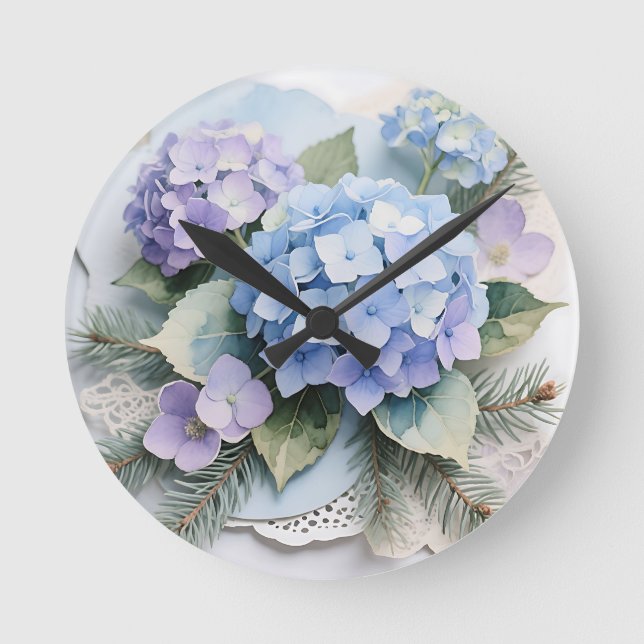 Blue Hydrangea Bouquet Watercolor Serenity Round Clock (Front)