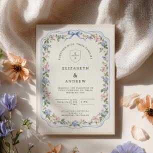 Blue Hydrangea Bow Cottage Garden Wedding Invitation
