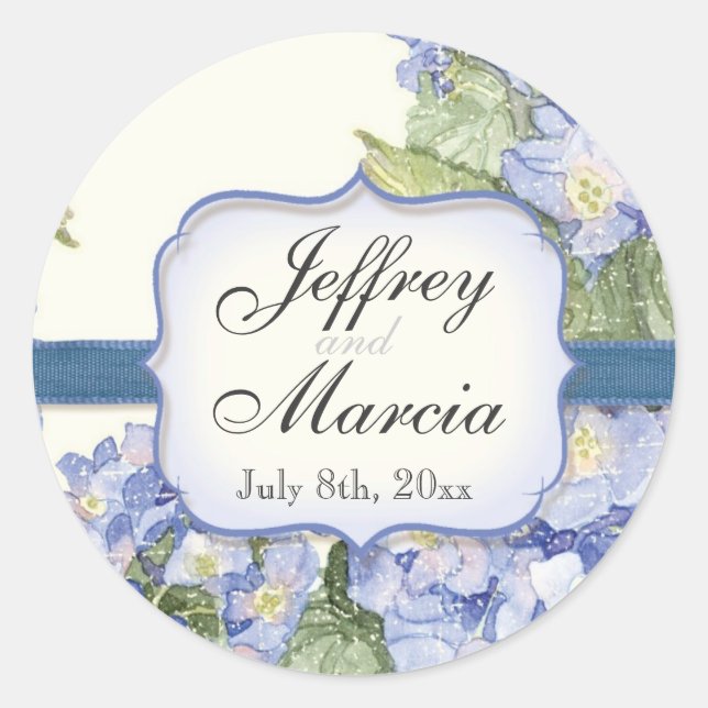 Blue Hydrangea Bracket Floral Formal Wedding Classic Round Sticker (Front)
