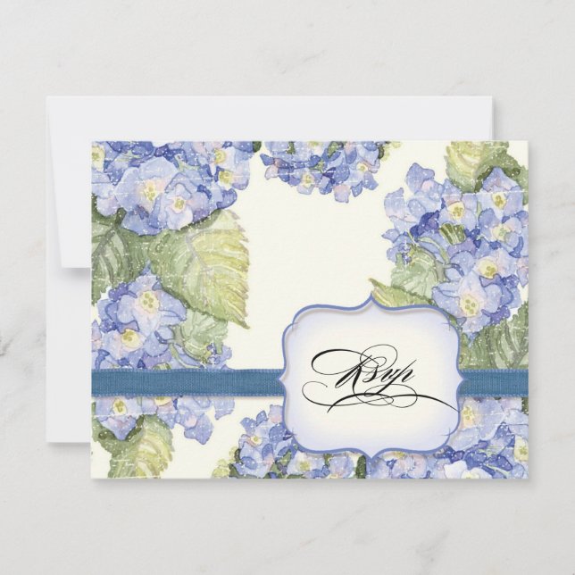 Blue Hydrangea Bracket Floral Formal Wedding RSVP Card (Front)