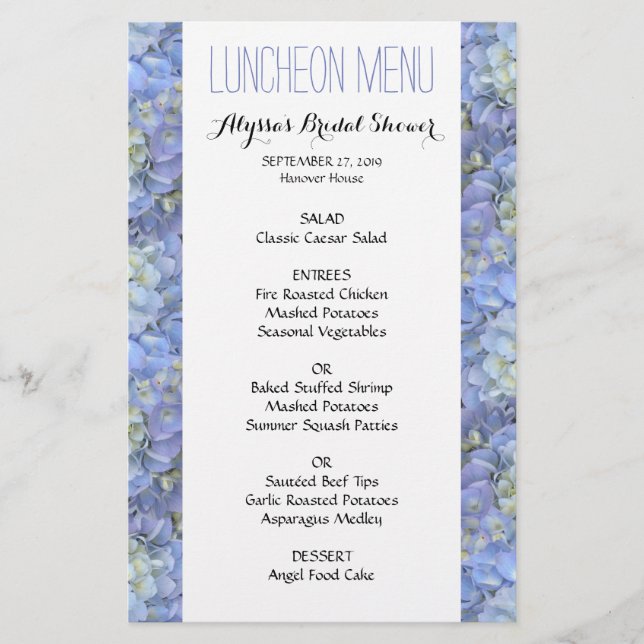 Blue Hydrangea Bridal Shower 5x8 Luncheon Menu (Front)