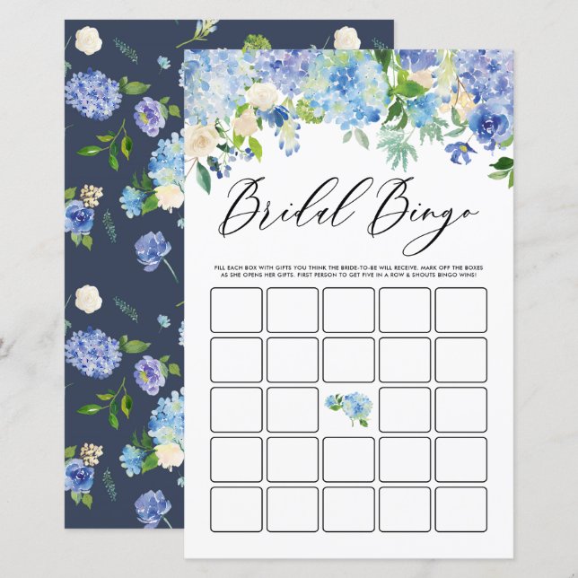 Blue Hydrangea Bridal Shower Bingo Game Card (Front/Back)