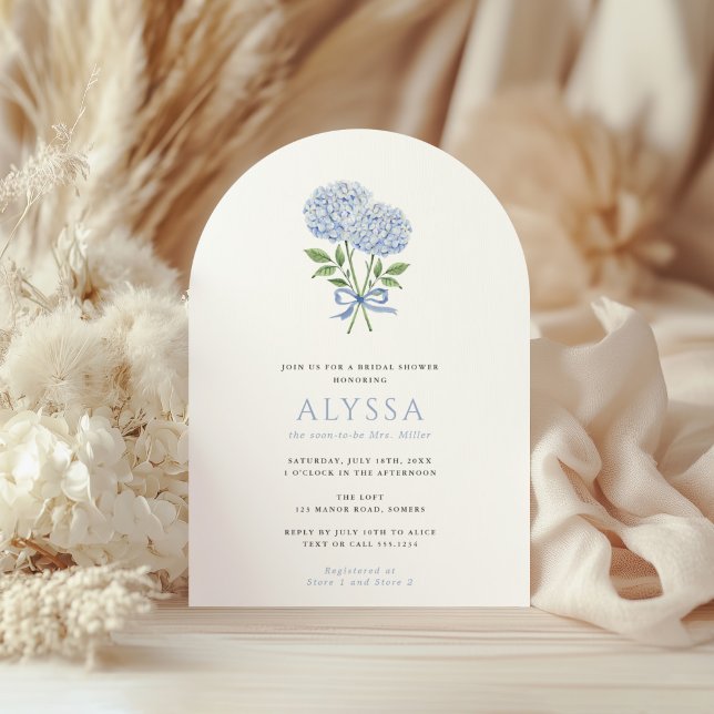 Blue Hydrangea Bridal Shower, Bouquet & Bow Arched Invitation (Creator Uploaded)