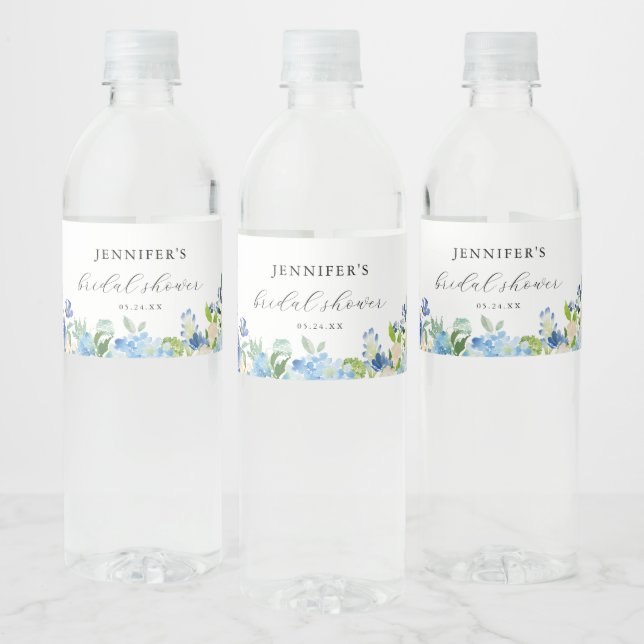 Blue Hydrangea Bridal Shower Favours Water Bottle Label (Bottles)