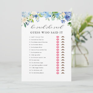 Blue Hydrangea Bridal Shower He said She Said Game Invitation