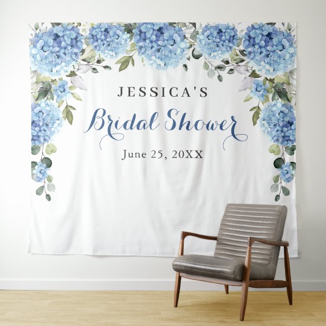 Blue Hydrangea Bridal Shower Photo Backdrop Tapestry (In Situ (Horizontal))