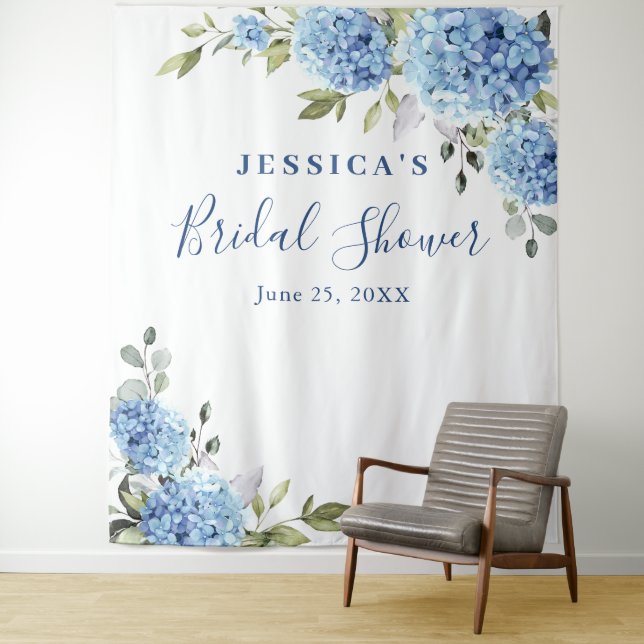 Blue Hydrangea Bridal Shower Photo Backdrop Tapestry (In Situ)