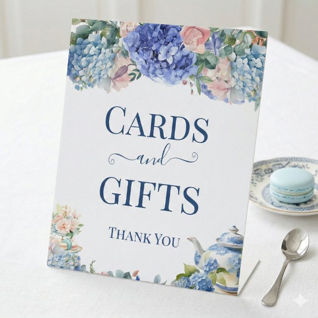 Blue Hydrangea Bridal Shower Tea Cards & Gifts  Pedestal Sign (Creator Uploaded)