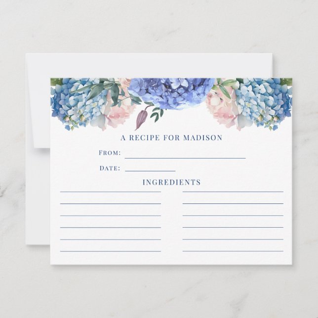 Blue Hydrangea Bridal Shower Tea Recipe Card (Front)
