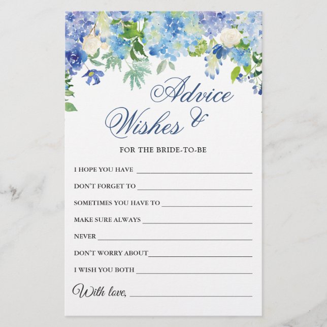 Blue Hydrangea Bridal Shower Wishes & Advice Card (Front)