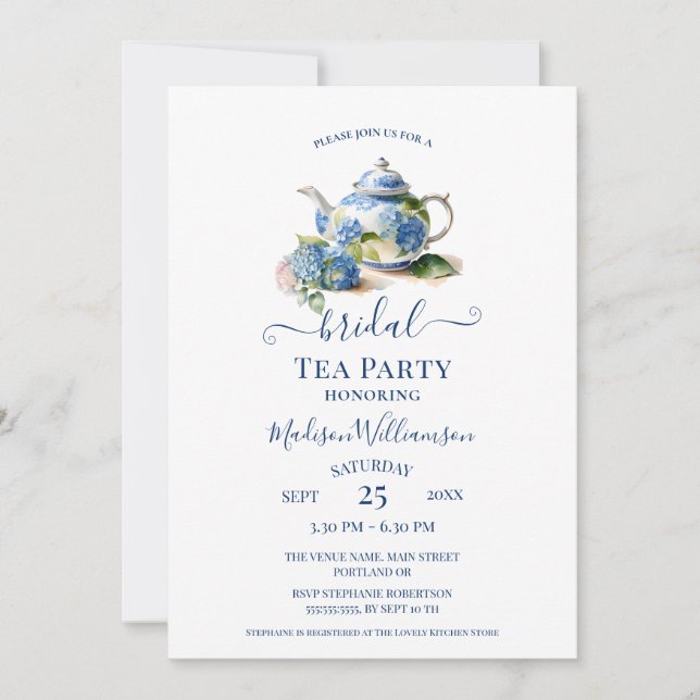 Blue Hydrangea Bridal Tea Party  Invitation (Front)