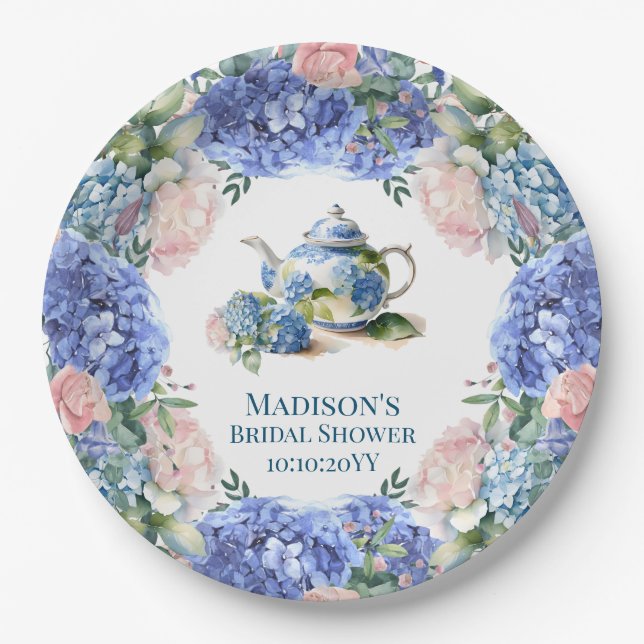 Blue Hydrangea Bridal Tea Party  Paper Plate (Front)