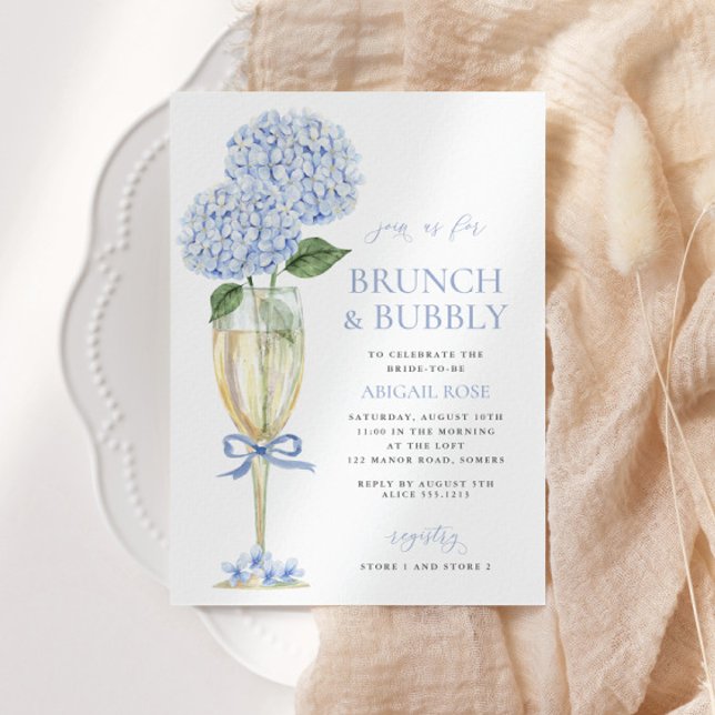 Blue Hydrangea Brunch and Bubbly Serif Champagne Invitation (Creator Uploaded)