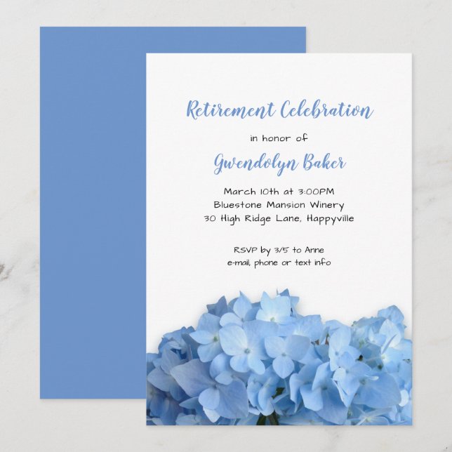 Blue Hydrangea Celebration Retirement Birthday Invitation (Front/Back)