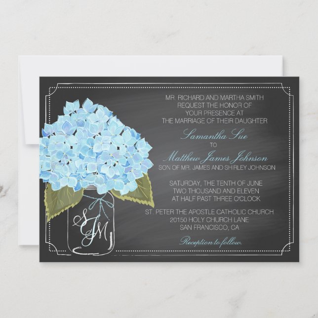 Blue Hydrangea Chalkboard Rustic Wedding Invitation (Front)