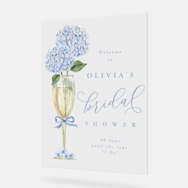 Blue Hydrangea & Champagne Bridal Shower Welcome Acrylic Sign (Angle)