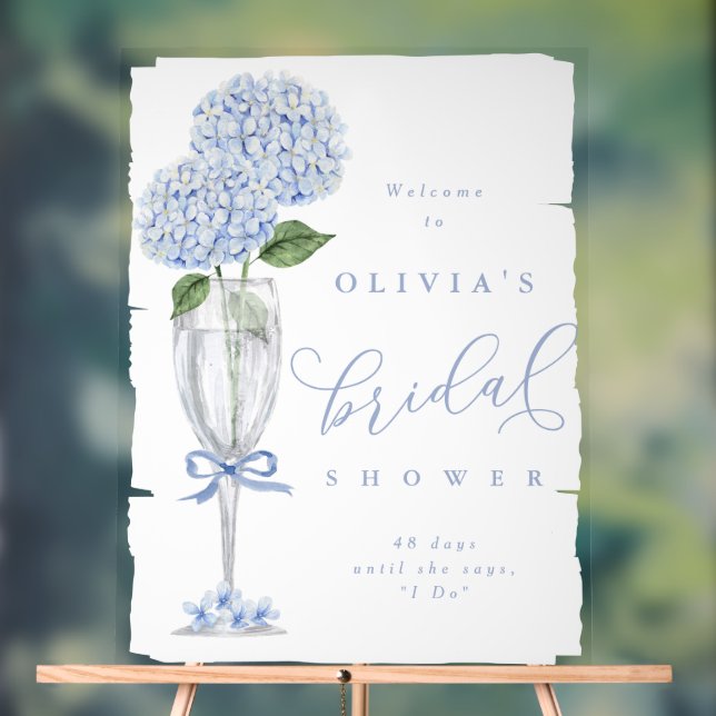 Blue Hydrangea & Champagne Painted Welcome Acrylic Sign (Neutral)