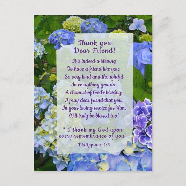 Blue Hydrangea  Christian Thank You Postcard (Front)