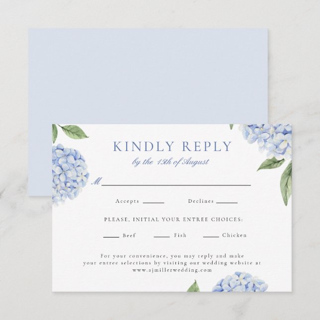 Blue Hydrangea Classic Food Choice Wedding Reply RSVP Card (Front/Back)