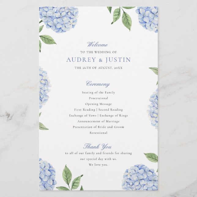 Blue Hydrangea Classic Wedding Paper Program (Front)