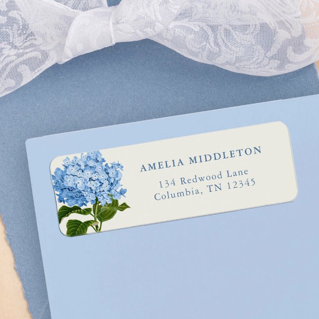 Blue Hydrangea Classic Wedding Return Address (classic return address label with blue hydrangea illustration)