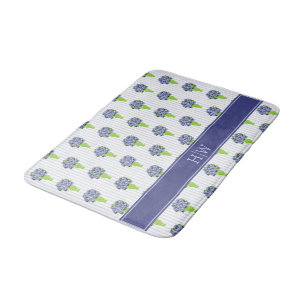 Blue Hydrangea Coastal Floral Vase Monogram Bath Mat