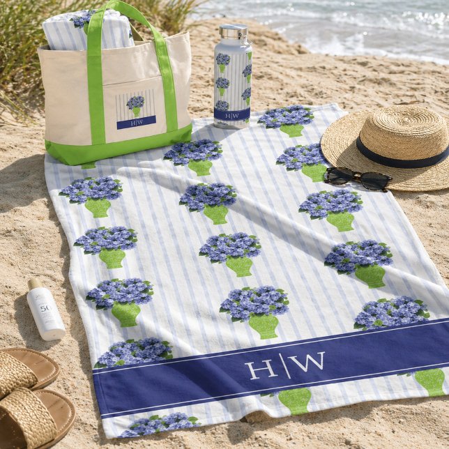 Blue Hydrangea Coastal Floral Vase Monogram  Beach Towel (Creator Uploaded)