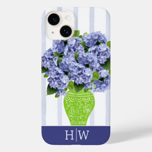 Blue Hydrangea Coastal Floral Vase Monogram Case-Mate iPhone Case (Back)
