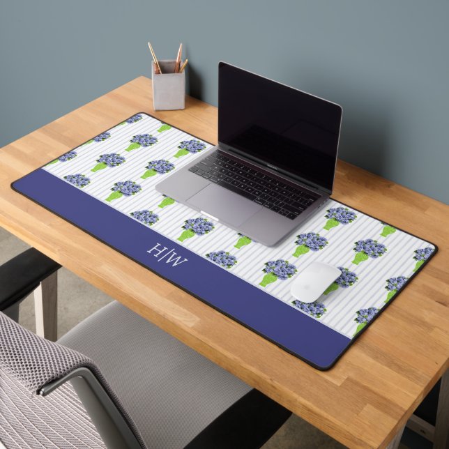 Blue Hydrangea Coastal Floral Vase Monogram  Desk Mat (Office 2)
