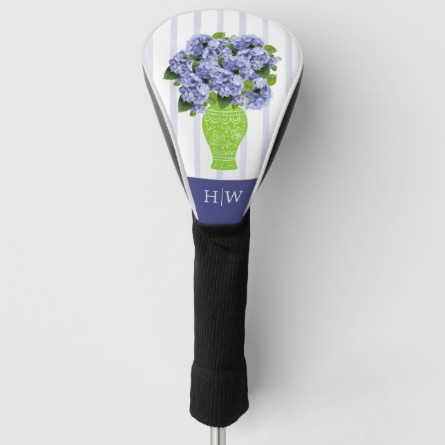 Blue Hydrangea Coastal Floral Vase Monogram Golf Head Cover (Front)