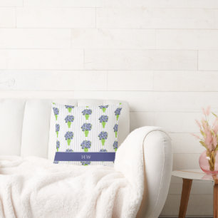 Blue Hydrangea Coastal Green Vase Stripe Monogram  Cushion