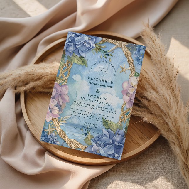 Blue Hydrangea Coastal Rope Wedding Invitation (Creator Uploaded)