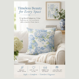 Blue Hydrangea Coastal Throw Pillow | Elegance